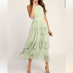 Came for Cocktails Sage Green Pleated Tiered Lace Maxi Dress